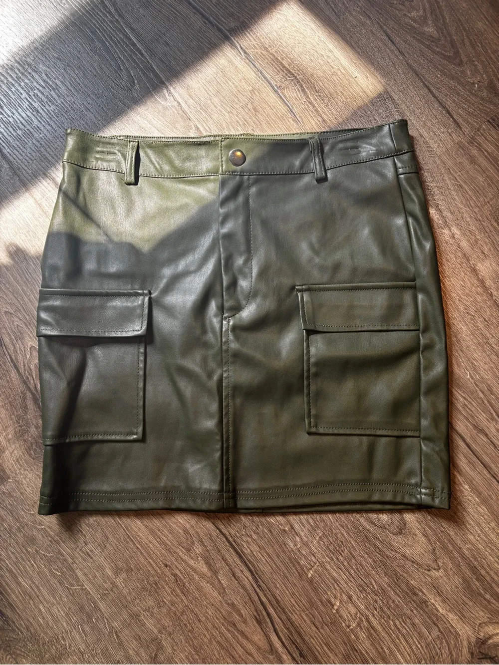 Love Tree Olive Faux Leather Cargo Mini Skirt
